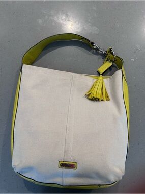 Coach Avery hobo natural canvas & chartreuse pebbled leather handbag